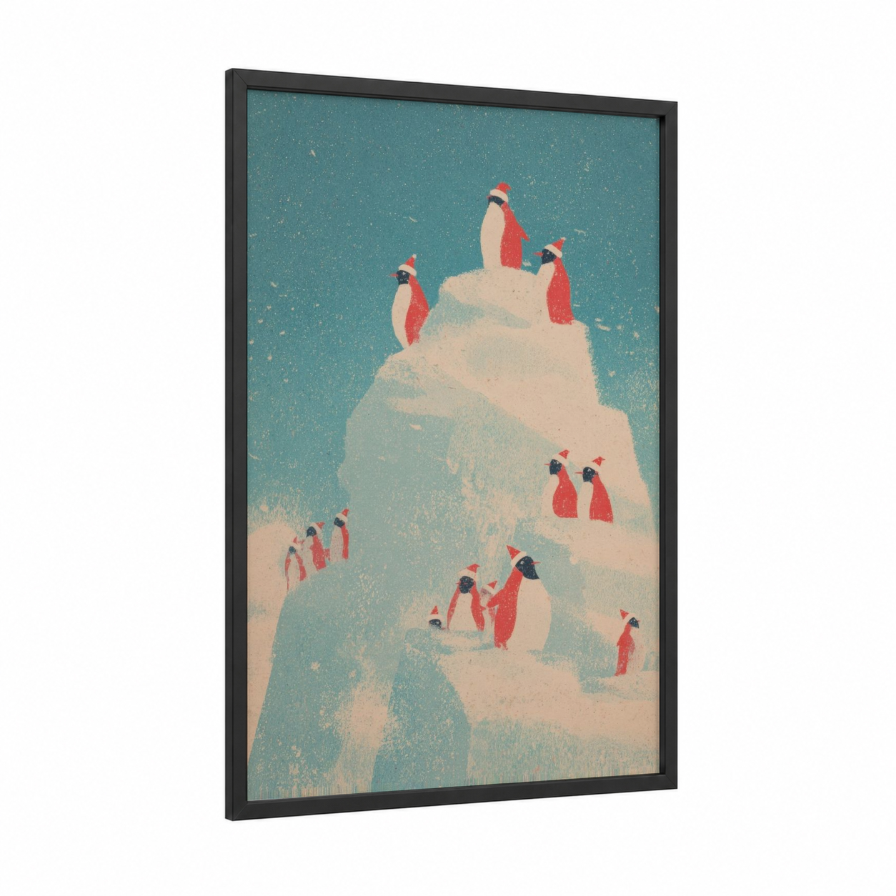 Snowy Mountain Christmas framed art print — black wood frame — teal and cream palette