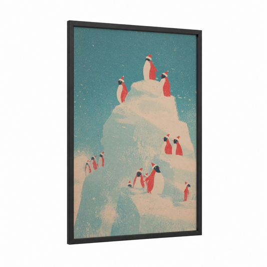 Snowy Mountain Christmas framed art print — black wood frame — teal and cream palette