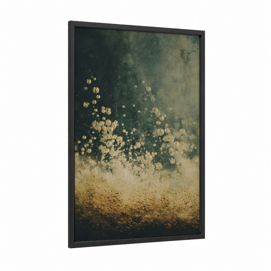 Golden Champagne Celebration framed art print — black wood frame — gold and teal palette