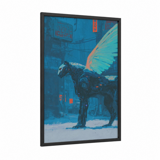 Neon Chimera framed art print — black wood frame — blue and gold and pink palette