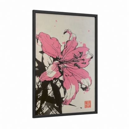Pink Lily Bloom framed art print — black wood frame — pink and black and white palette