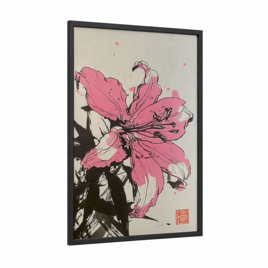 Pink Lily Bloom framed art print — black wood frame — pink and black and white palette