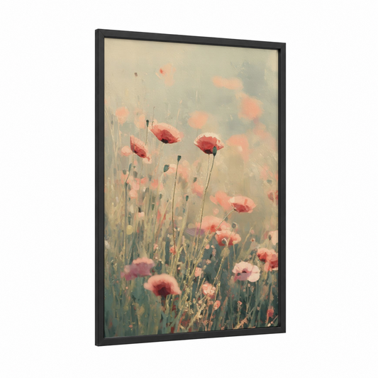 Misty Poppies framed spring print — black wood frame — peach and sage green palette