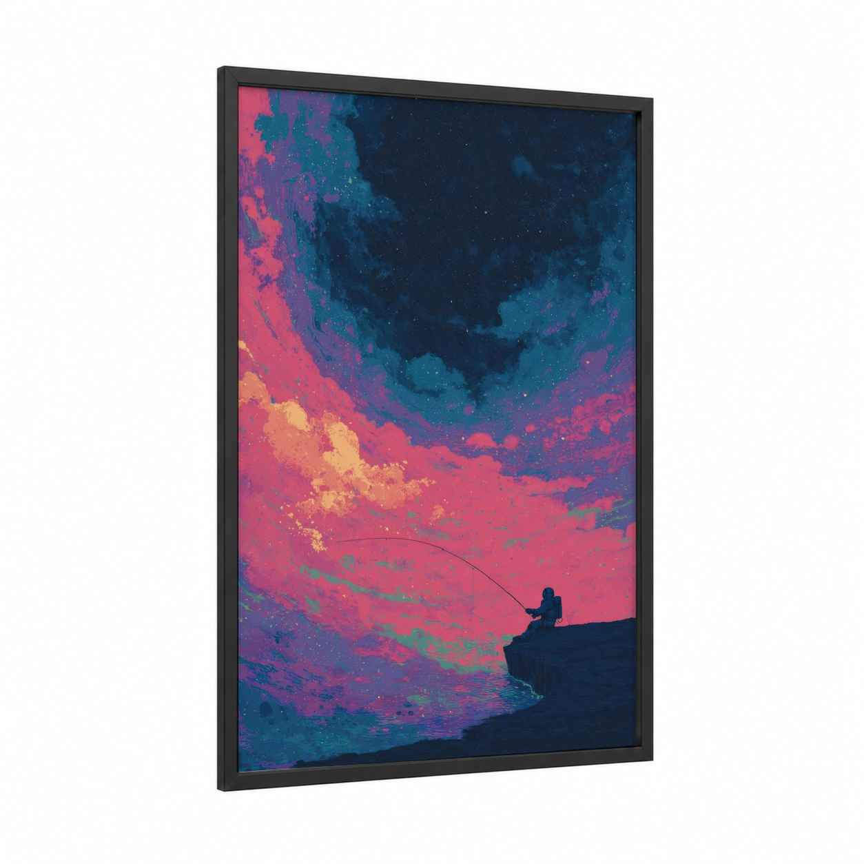 Cosmic Fisherman framed astronaut print — black wood frame — magenta and blue palette