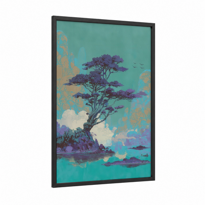 Purple Juniper Island framed juniper tree print — black wood frame — turquoise and purple palette