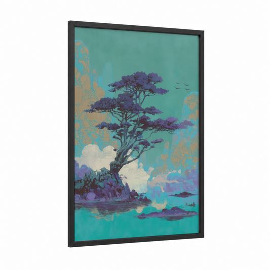Purple Juniper Island framed juniper tree print — black wood frame — turquoise and purple palette