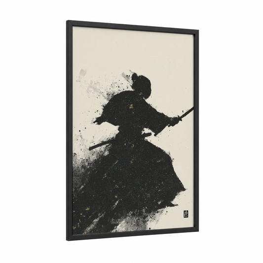 Aikido Warrior framed art print — black wood frame — black and gold palette