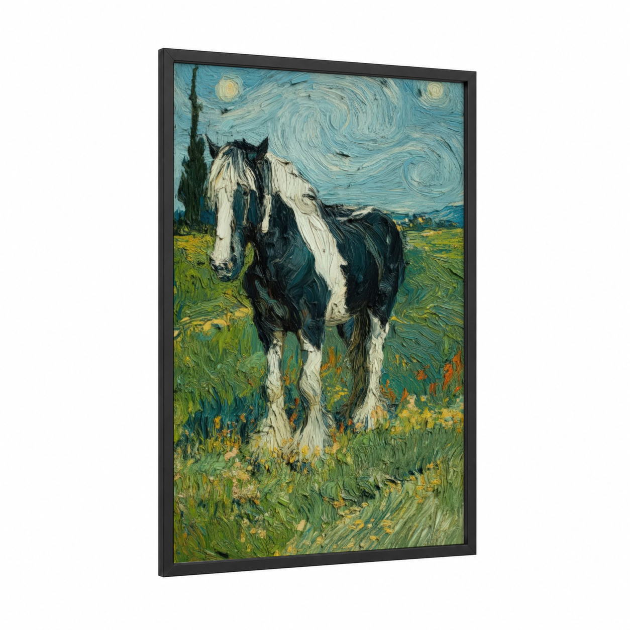Starry Night Horse framed clydesdale horse print — black wood frame — blue and white and green palette