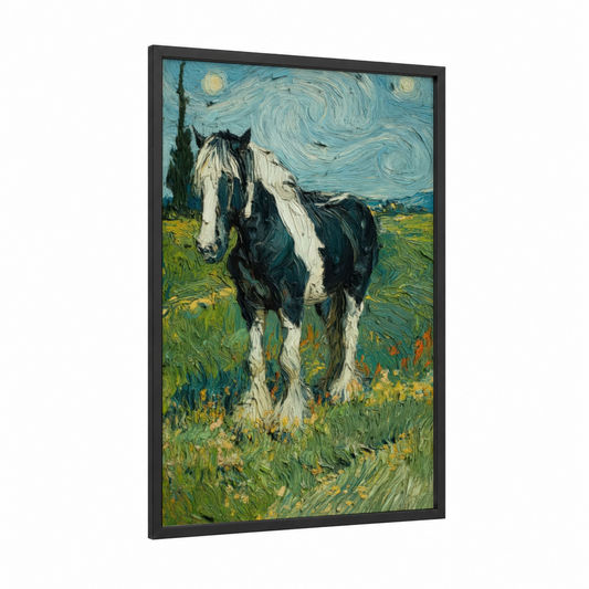 Starry Night Horse framed clydesdale horse print — black wood frame — blue and white and green palette