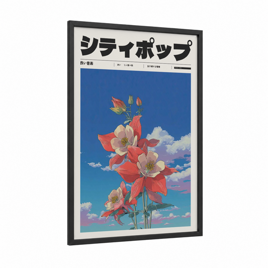 Blooming Sky Flowers framed anime and manga print — black wood frame — blue and red palette