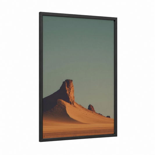 Golden Dune Formations framed art print — black wood frame — orange and sage green palette