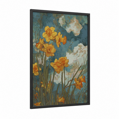 Golden Daffodils framed art print — black wood frame — gold and teal palette