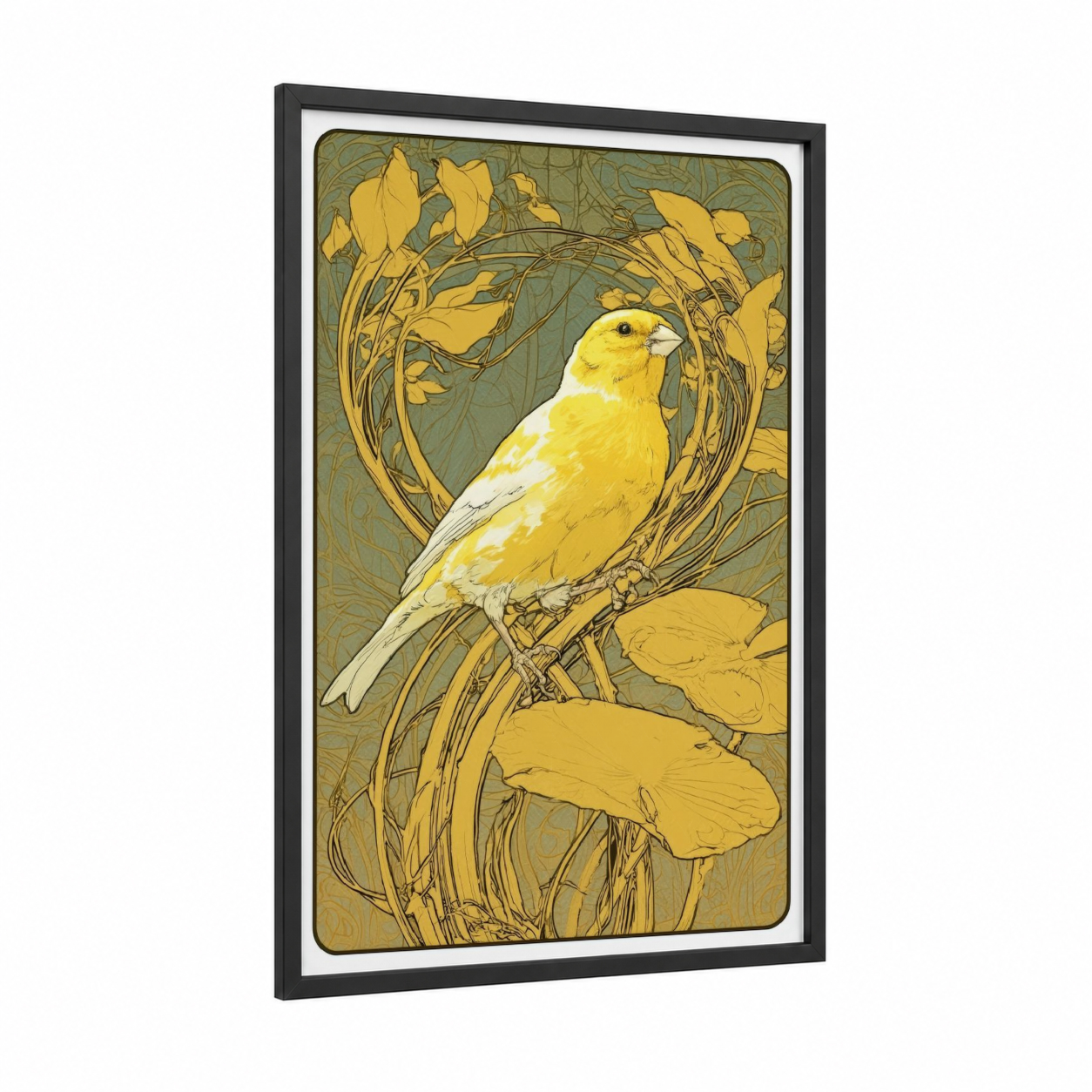 Golden Canary framed canaries print — black wood frame — gold and olive palette