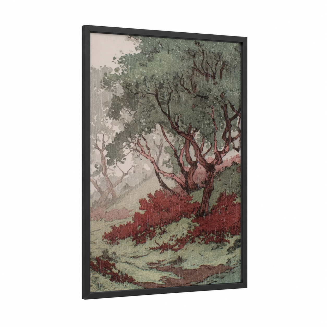 Crimson Arbutus framed arbutus tree print — black wood frame — sage green palette