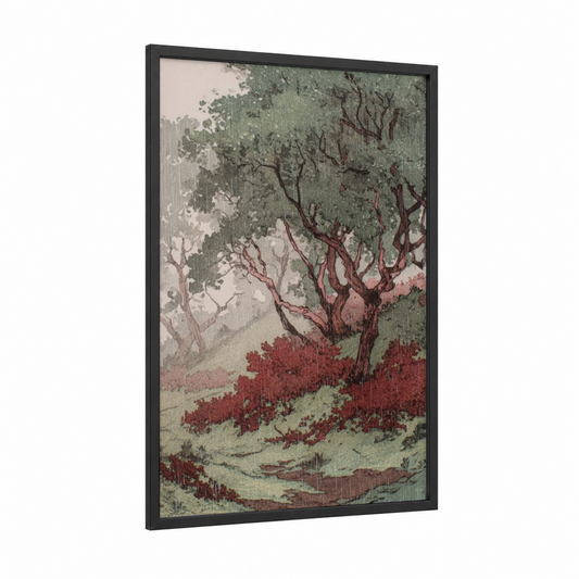 Crimson Arbutus framed arbutus tree print — black wood frame — sage green palette