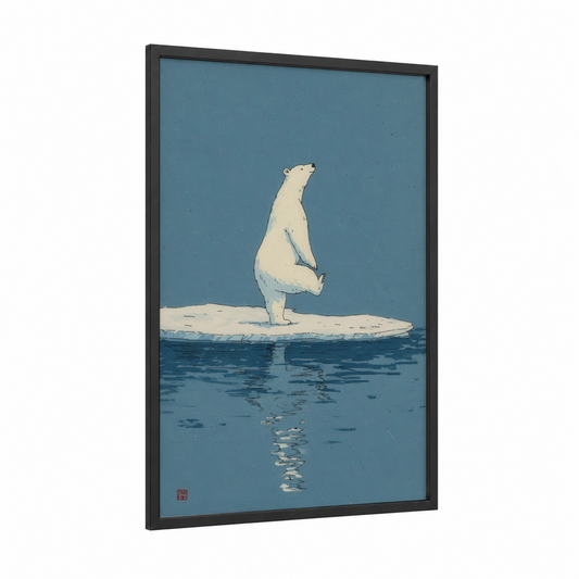 Upright Polar Bear framed art print — black wood frame — blue and cream palette