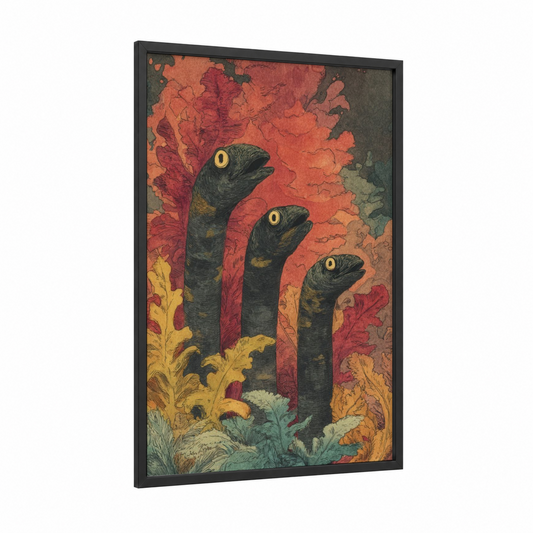 Coral Eels framed art print — black wood frame — red and gold palette
