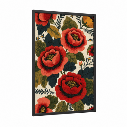 Crimson Garden Roses framed art print — black wood frame — red and dark green palette
