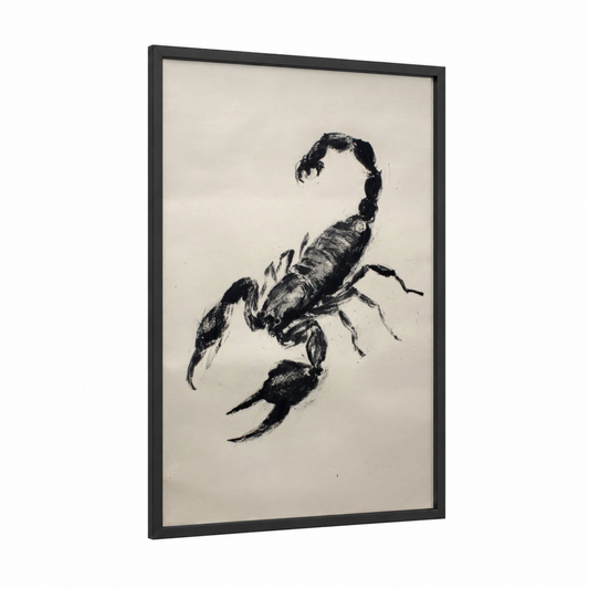 Menacing Scorpion framed scorpions print — black wood frame — black and white palette