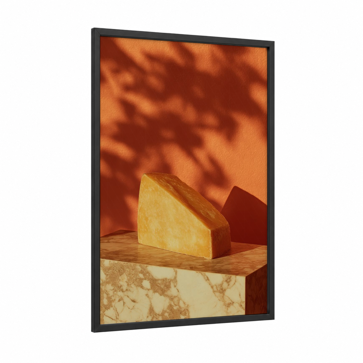 Golden Cheese Block framed art print — black wood frame — yellow gold and orange palette