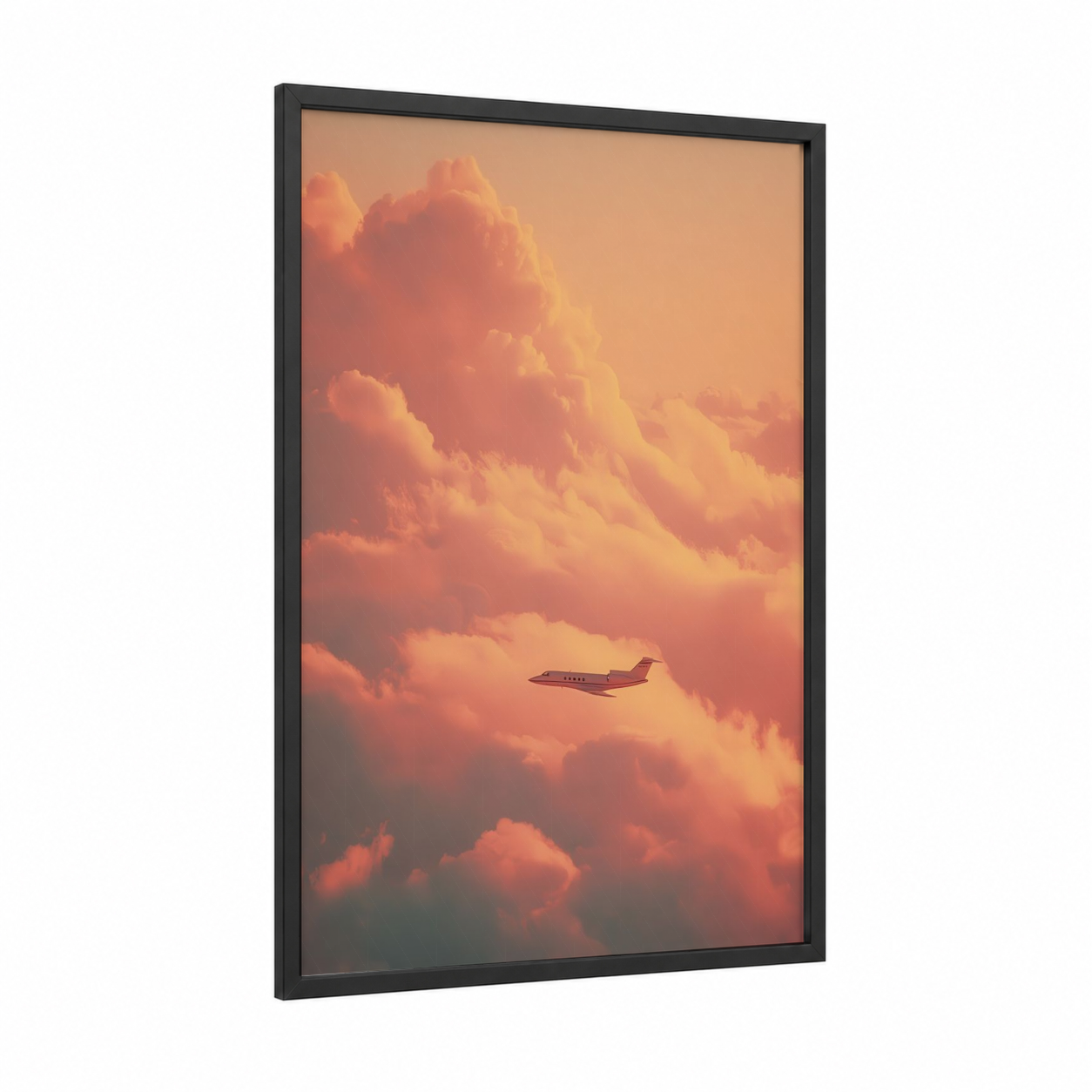 Sunrise Jet framed private jet print — black wood frame — peach and yellow gold palette