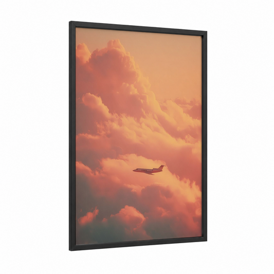 Sunrise Jet framed private jet print — black wood frame — peach and yellow gold palette