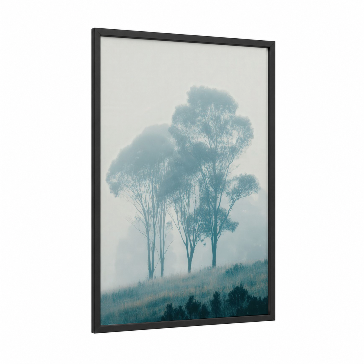 Misty Eucalyptus framed eucalyptus forest print — black wood frame — dove gray and blue and white palette