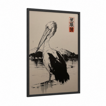 Contemplative Pelican framed art print — black wood frame — black and white and nobel palette
