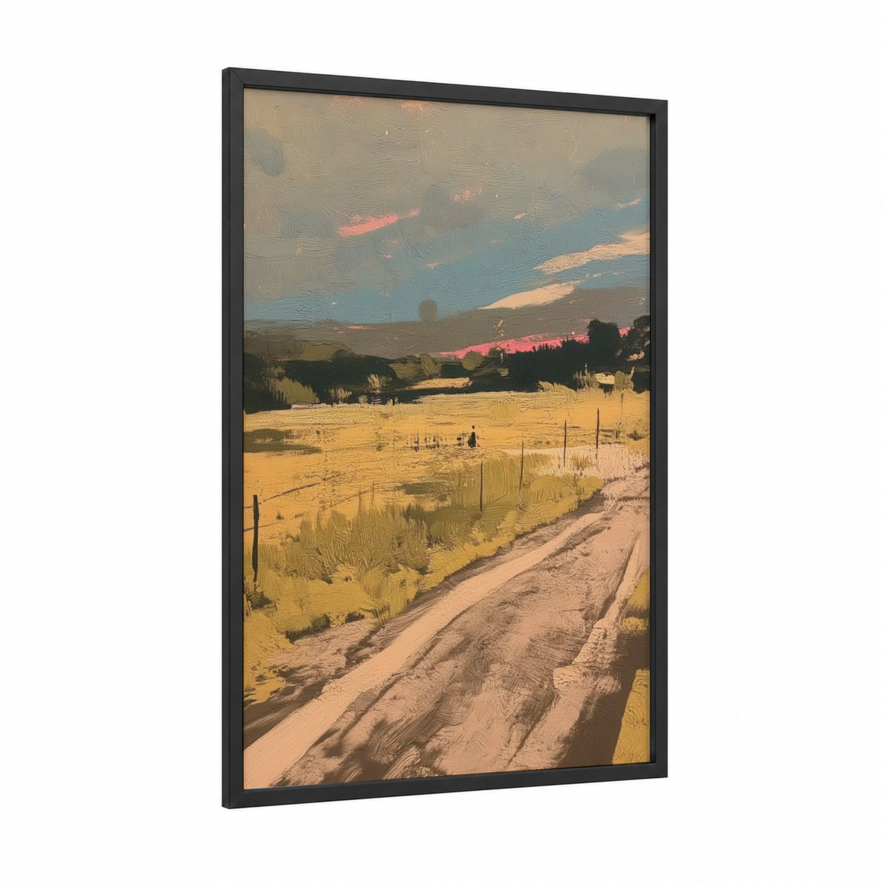 Golden Field Sunset framed various landscapes print — black wood frame — gold and blue and gold palette