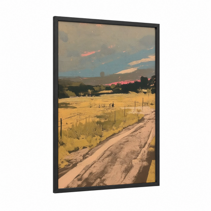Golden Field Sunset framed various landscapes print — black wood frame — gold and blue and gold palette