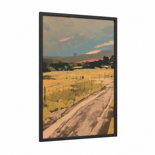 Golden Field Sunset framed various landscapes print — black wood frame — gold and blue and gold palette