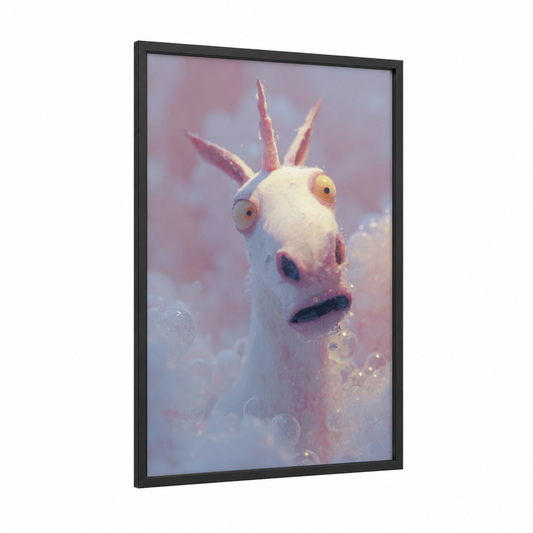 Dreamy Unicorn framed unicorns print — black wood frame — white and lavender palette