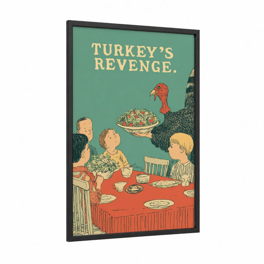 Turkey's Revenge framed thanksgiving print — black wood frame — sage green and red palette