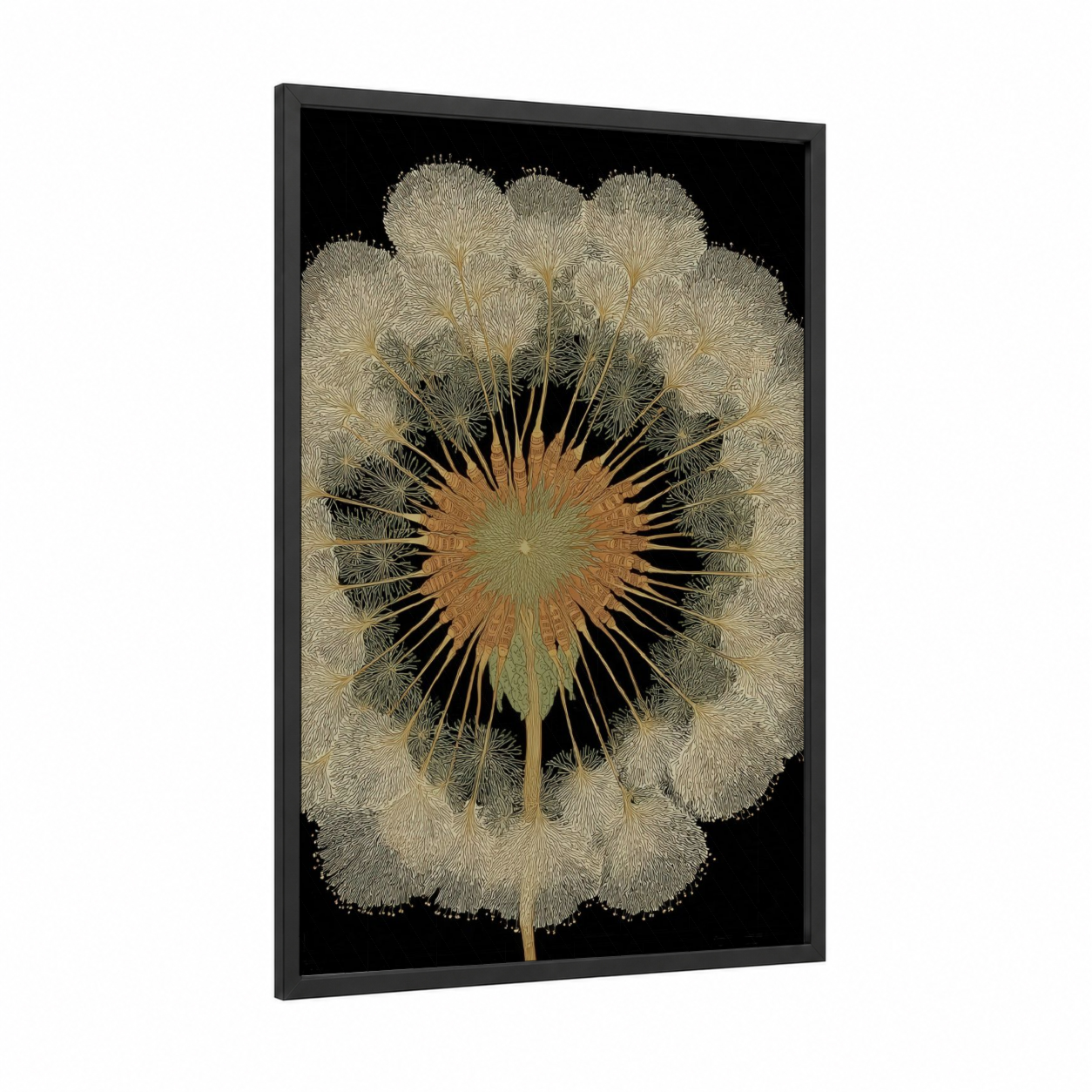 Golden Dandelion framed art print — black wood frame — gold and black and white palette