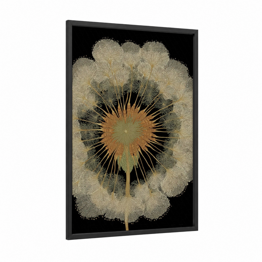 Golden Dandelion framed art print — black wood frame — gold and black and white palette