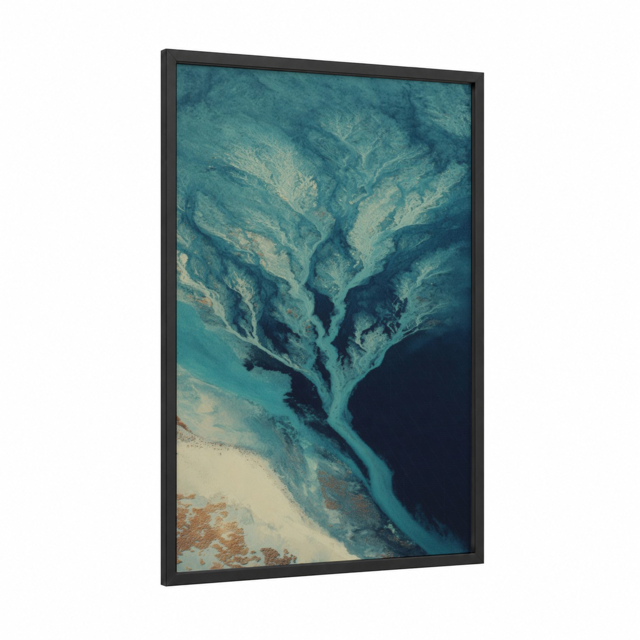 Glacial River Delta framed seascapes and ocean print — black wood frame — teal and cream palette
