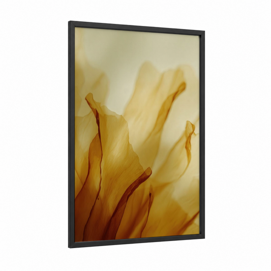 Golden Garlic Petals framed vegetable print — black wood frame — yellow gold and russet palette