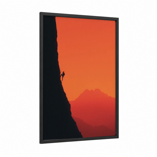 Sunset Ice Climber framed ice climbing print — black wood frame — orange and red palette