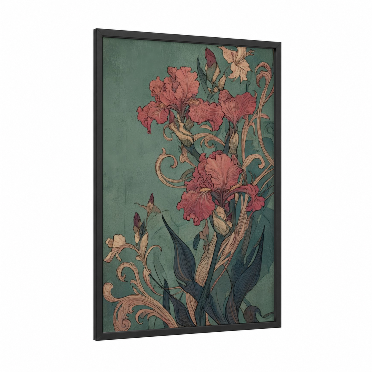 Crimson Iris Scroll framed art print — black wood frame — sage green and rose gold palette