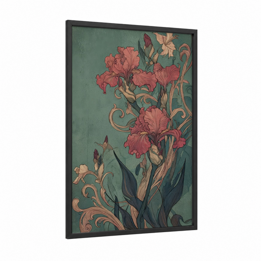 Crimson Iris Scroll framed art print — black wood frame — sage green and rose gold palette