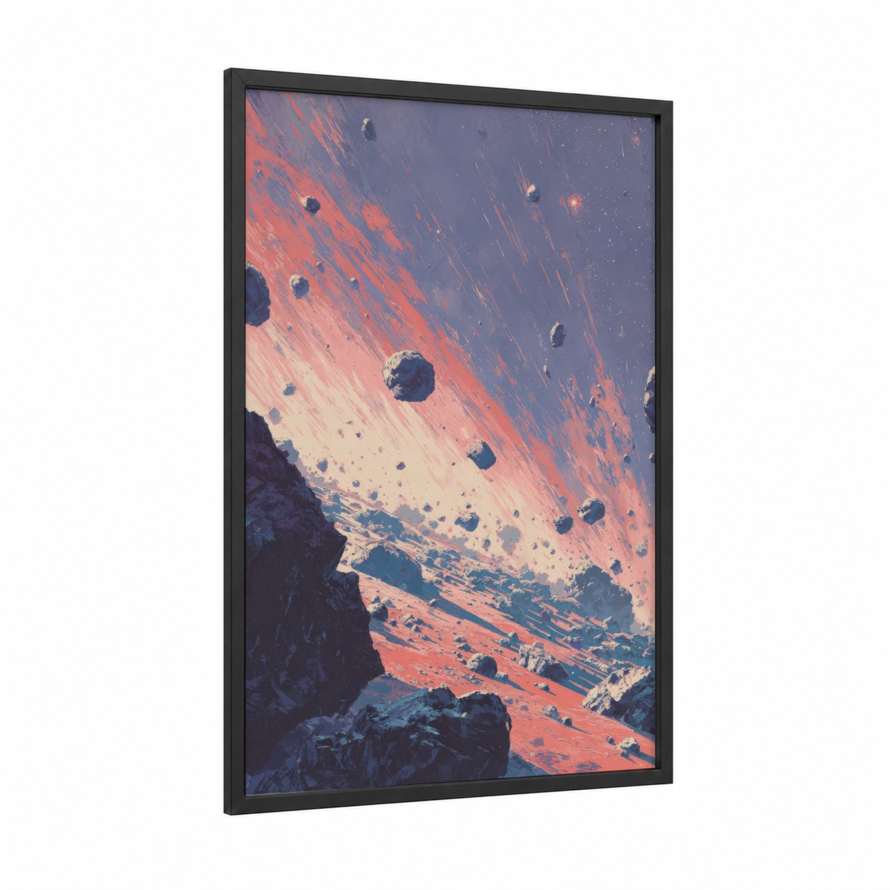 Crimson Asteroid Field framed solar system print — black wood frame — red and blue palette