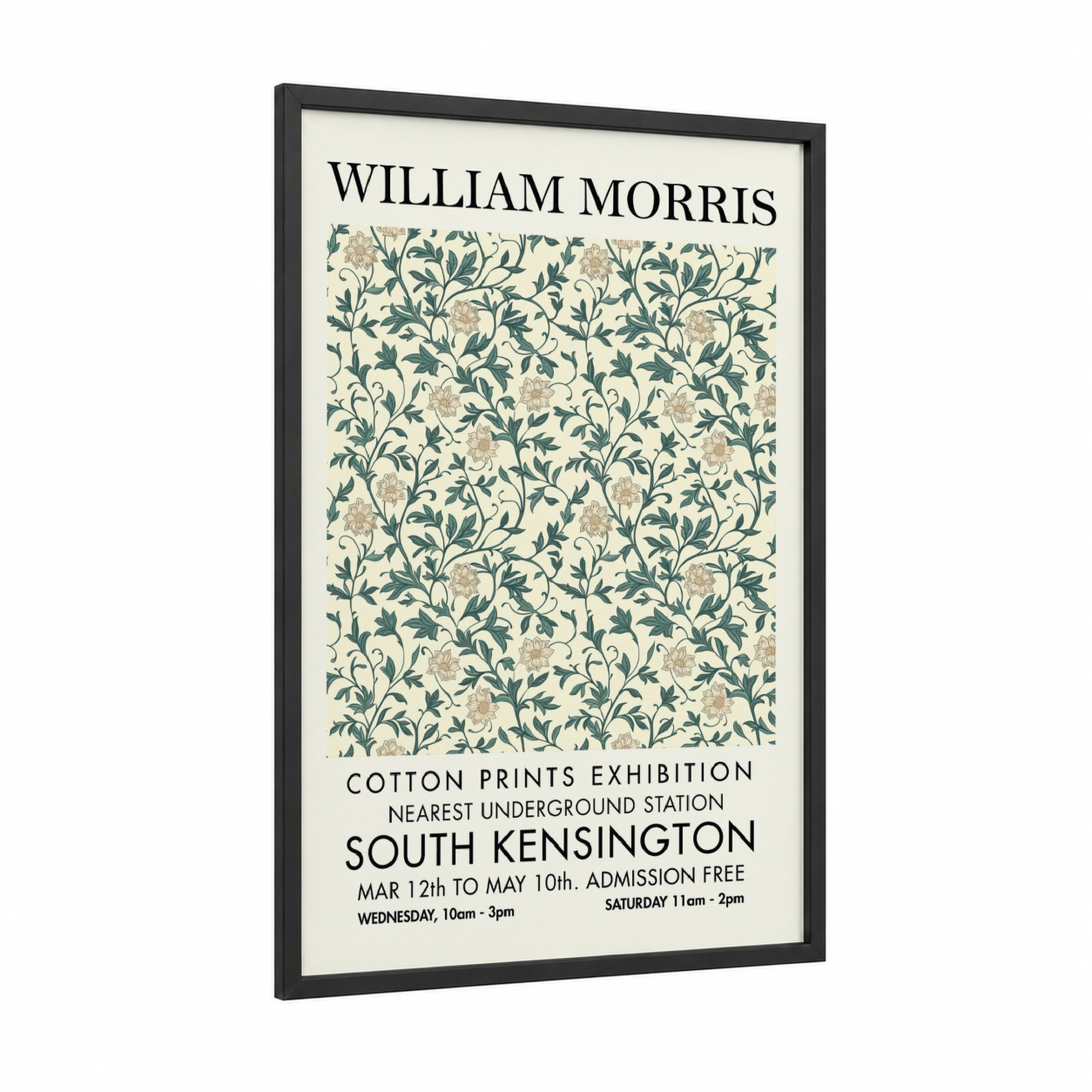 Botanical Morris framed abstract flower print — black wood frame — cream and dark green palette