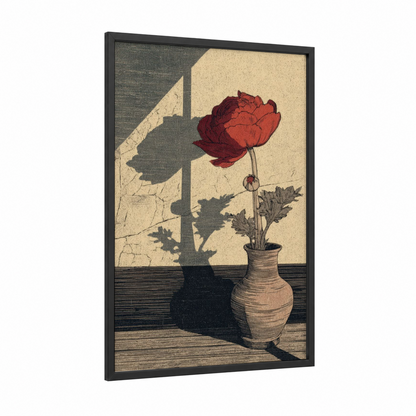Crimson Ranunculus Shadow framed art print — black wood frame — cream and maroon palette