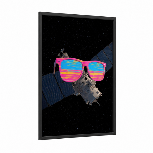 Retro Satellite Cool framed art print — black wood frame — magenta and blue palette