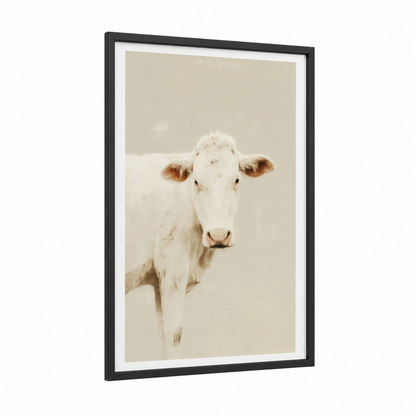 Cream Jersey Cow framed art print — black wood frame — cream and beige palette