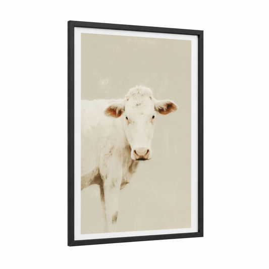 Cream Jersey Cow framed art print — black wood frame — cream and beige palette