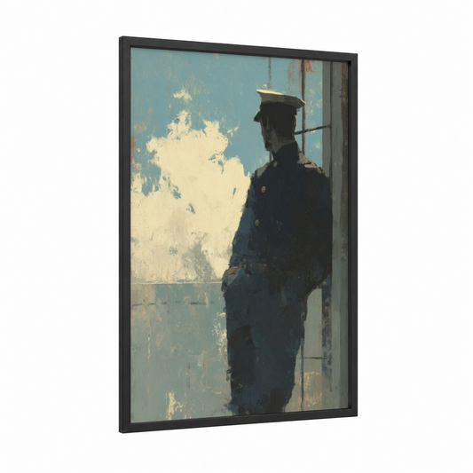 Sentinel Sailor framed veterans day print — black wood frame — blue and cream palette
