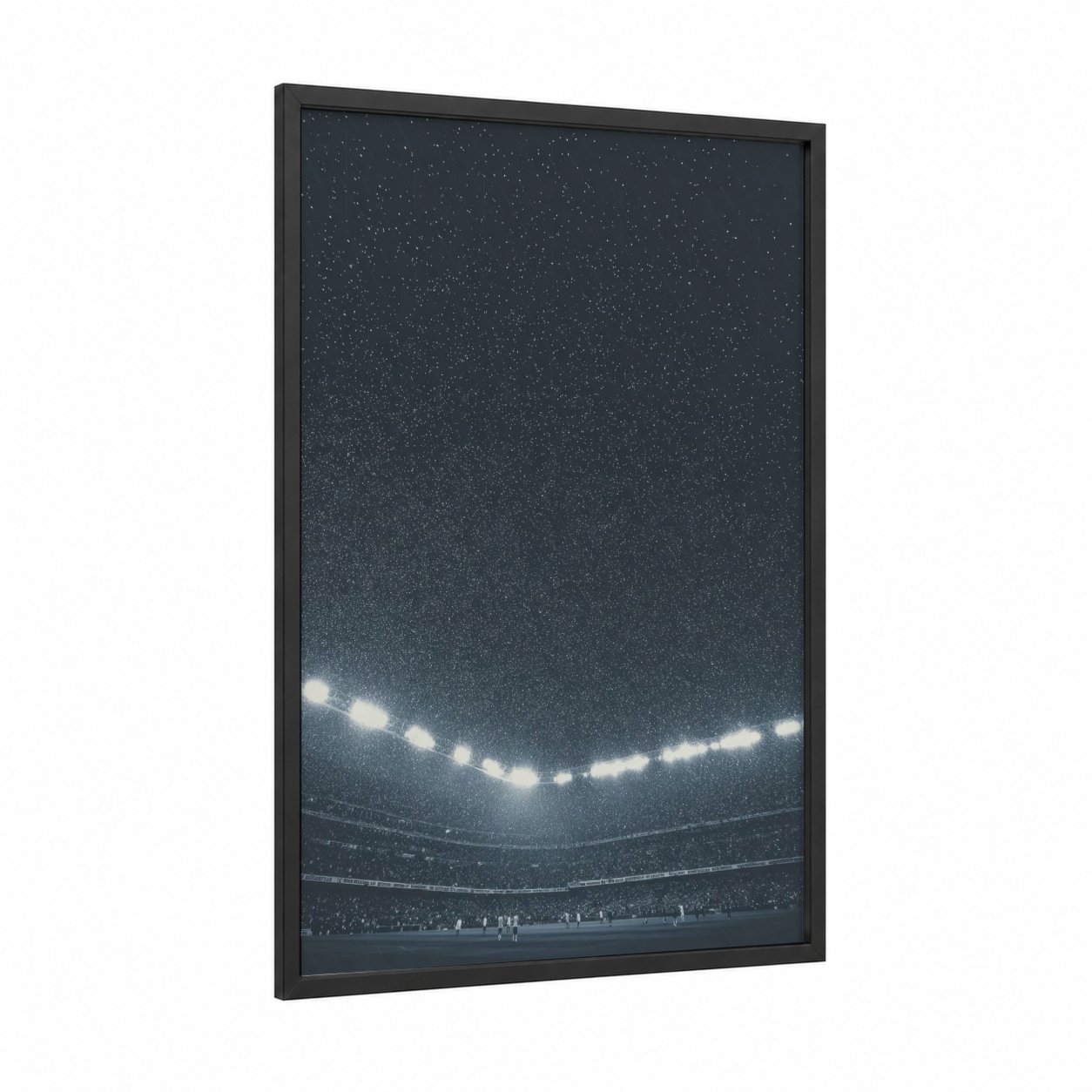 Night Stadium Lights framed stadiums and fields print — black wood frame — gray and white and black palette