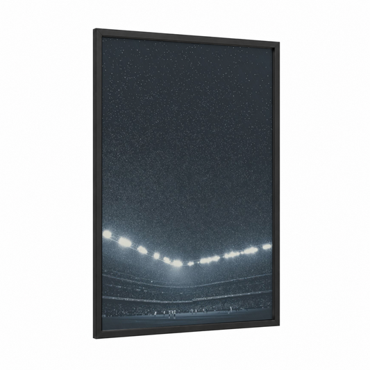Night Stadium Lights framed stadiums and fields print — black wood frame — gray and white and black palette