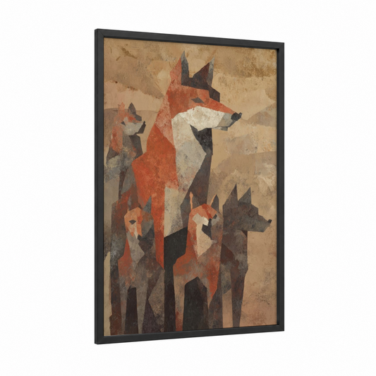 Desert Coyote Pack framed art print — black wood frame — beige palette